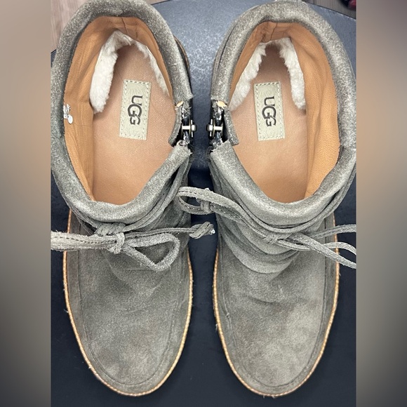 UGG Reid Suede Moccasin Lace-Up Booties Grey / Green Zip Closure Winter - Picture 14 of 14